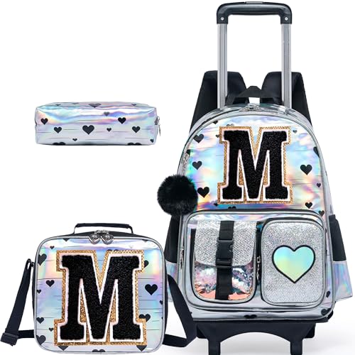 HTgroce Cute Rolling Backpack with Wheel,School Backpack for Kids Girl Roller Schoolbag Wheeled Backpacks Set Carry-on Luggage,Initial M - color: Silver, style: M