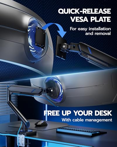 ARES WING 17-49 Inch Monitor Arm Ultrawide Single Monitor Mount, Black | Heavy Duty Mechanical Spring Monitor Stand Adjustable Arms Holds up to 44lbs, 75/100 VESA Mount with Clamp/Grommet Base - color: black