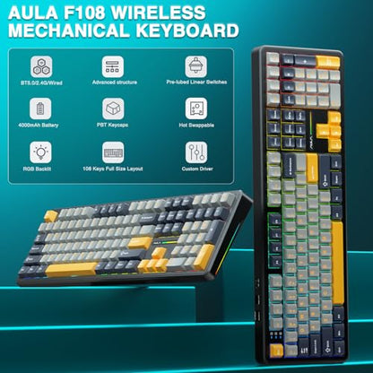 AULA F108 Wireless Mechanical Keyboard, BT5.0/USB-C/2.4GHz Hot Swappable Custom Gaming Keyboards, PBT Keycaps, Pre-lubed Switches, RGB Backlit Full Size Creamy Keyboard with Number Pad, 108 Keys - color: No Knob-Gray&Yellow