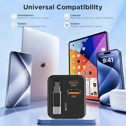 65W GaN USB C Charger with Retractable Charging Cable, 3-Port Power Adapter | Fast travel charger for MacBook, iPhone 17 16 15, Samsung Galaxy S24, iPad, multi port compact wall charging block, black - color: Black