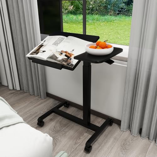 PUNCIA 28" Overbed Table with Split Tilting Desktop,Pneumatic C Table,Black | Mobile Laptop Desk for Bedside, Height Adjustable End Table with Wheels, Computer Cart for Home Sofa Office & Hospital Use - color: Black