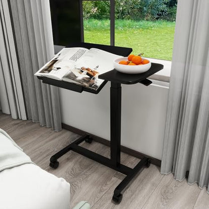 PUNCIA 28" Overbed Table with Split Tilting Desktop,Pneumatic C Table,Black | Mobile Laptop Desk for Bedside, Height Adjustable End Table with Wheels, Computer Cart for Home Sofa Office & Hospital Use - color: Black