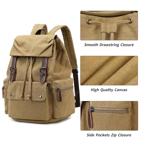 Retro Canvas & Leather Laptop Backpack, 15.6 Inch Durable Unisex Bag for Hiking, Work & Travel, Water Resistant Daypack - color: Khaki