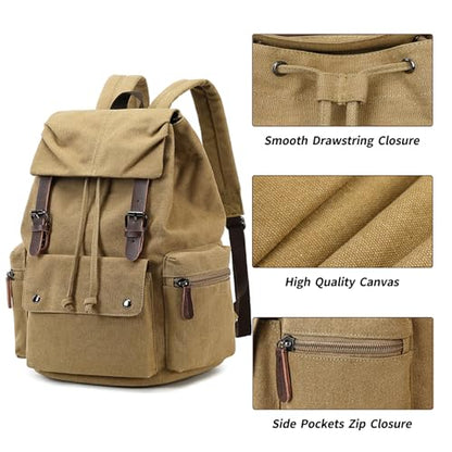Retro Canvas & Leather Laptop Backpack, 15.6 Inch Durable Unisex Bag for Hiking, Work & Travel, Water Resistant Daypack - color: Khaki
