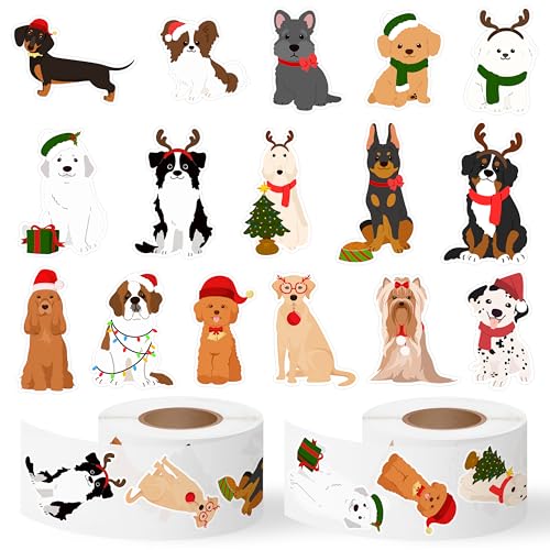 CNhoqc Christmas Dog Sticker Roll - 1000Pcs Cartoon Christmas Dog Waterproof Vinyl Reusable Laptop Sticker Coloring Book Scrapbook Water Bottle Page Activity Pad Winter Party Favor Skateboard Giftwrap - style: Christmas Dog