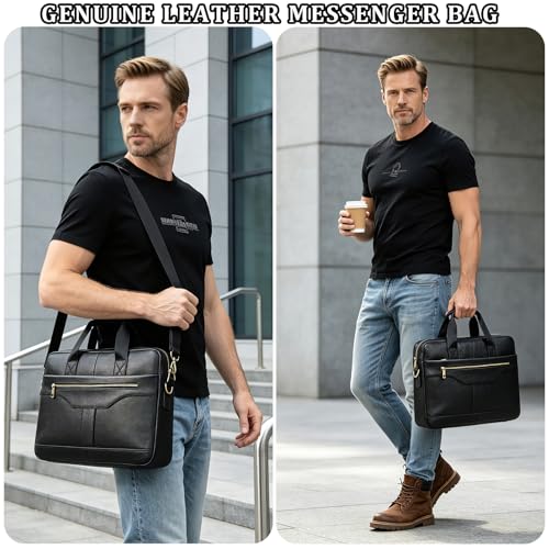 Leather Laptop Bag for Men Briefcase Fits 15.6 Inch Notebook Portable Shoulder Messenger Crossbody Bag for Travel Office - color: 17black