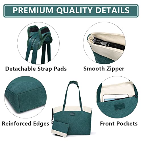 RAVUO Tote Bag for Women, Water Resistant 2PCS Set 15.6 Inch Laptop Travelling Bags Work Teacher Purse W Portable Pouch - color: Green