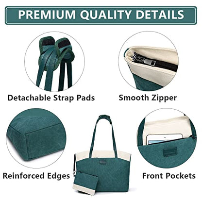 RAVUO Tote Bag for Women, Water Resistant 2PCS Set 15.6 Inch Laptop Travelling Bags Work Teacher Purse W Portable Pouch - color: Green