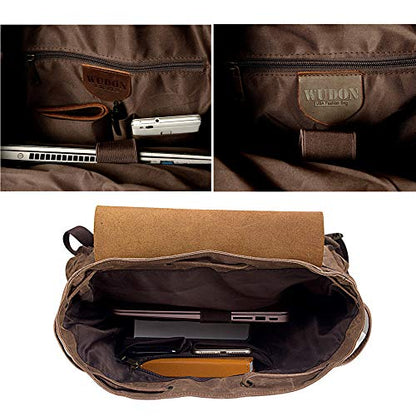 WUDON Leather Backpack for Men, Waxed Canvas Shoulder Rucksack Carry-On Travel Backpack - color: Coffee-regular