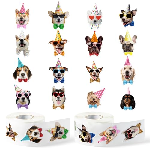 CNhoqc Puppy Birthday Sticker Rolls - 1000 Pcs Realistic Birthday Dog Hat Waterproof Vinyl Reusable Laptop Animal Stickers Self-Adhesive Scrapbook Water Bottle Greeting Cards Party Supplies Skateboard - style: Realistic Puppy Birthday