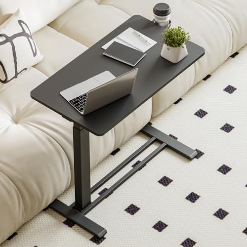 28'' Medical Overbed Bedside Table with Wheels,Rolling Table | 28''x16'' Black Table Top+Black Edging Pneumatic Tilting Desktop,Overbed Table with Hidden Casters for Hospital Use - color: Black+black, size: Small