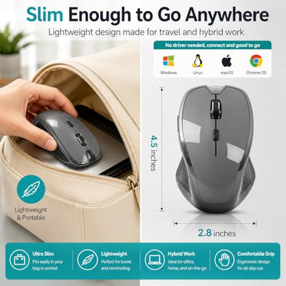 2026 Upgraded Rechargeable Bluetooth Mouse with Built-in Jiggler, USB-C Wireless Mouse for MacBook, iPad & PC, Bluetooth 5.2/3.0 & 2.4G USB-C/USB-A, Silent Ergonomic Mouse for Office Work - Gray - color: Gray