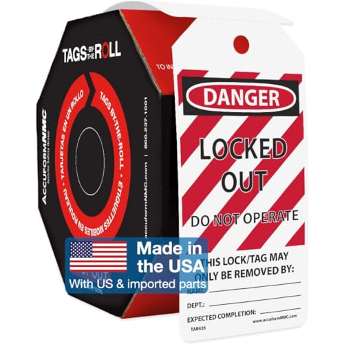 Accuform Signs TAR426 Tags By-The-Roll Lockout Tags, Legend "DANGER LOCKED OUT DO NOT OPERATE", 6.25" Length x 3" Width x 0.010" Thickness, PF-Cardstock, Red/Black on White (Roll of 250) | Legend "DANGER LOCKED OUT DO NOT OPERATE", 6.25" Length x 3" Width