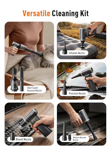 REWONDER Electric Air Duster Cordless Rechargeable Cleaner with Vacuum | 130000RPM brushless motor, 100 adjustable speeds, LED display, 2-in-1 blow & vacuum, for PC, keyboard, car, home cleaning