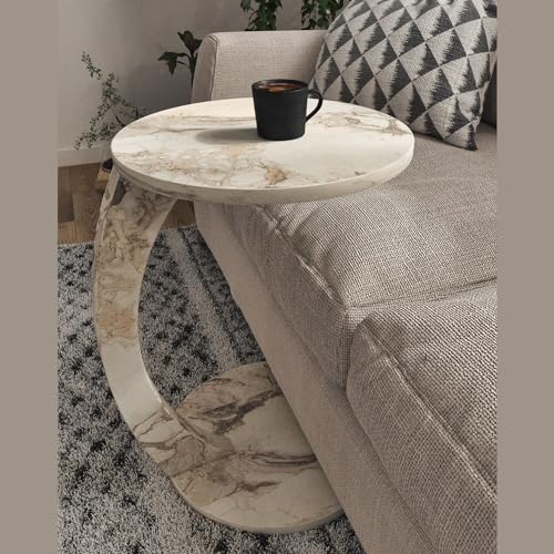 C Shaped End Table for Couch Small Places, Faux Marble Engineered Wood Space Saver Round Side Table for Sofa and Bedside with Wheels, Coffee and Snack Time Tray for Living Room (White Marble) - color: White Marble