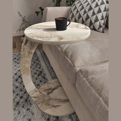 C Shaped End Table for Couch Small Places, Faux Marble Engineered Wood Space Saver Round Side Table for Sofa and Bedside with Wheels, Coffee and Snack Time Tray for Living Room (White Marble) - color: White Marble
