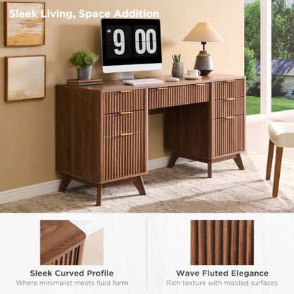 T4TREAM Fluted Executive Desk with Drawers, 60" Modern Home Office Computer Desk with Charging Station, File Cabinet, Keyboard Tray and Storage Cabinet for Study, Living Room, Bedroom, Light Walnut - color: Light Walnut