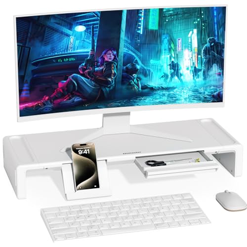 OImaster Monitor Stand Riser with Drawer - Adjustable Foldable Computer Monitor Stand for Desk, Desktop Organizer with Phone Holder & Pen Slot, Space Saving Laptop Riser for Home Office, White - color: White-Basic