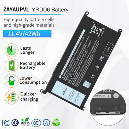 42Wh YRDD6 Battery for Dell Inspiron 15 3582 3583 3584 P75F 3593 5584 5585 | 5590 5593 5594 5598 5582 7586 14 3493 5481 P93G 5482 5485 5491 5482 2-in-1 5493 17 3793 Vostro 5481 5590 1VX1H VM732 OVM732 - size: 6.85*3.5*0.25inch YRDD6