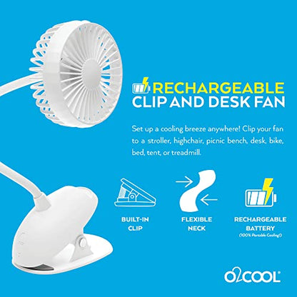 O2COOL Rechargeable USB Battery Clip Fan with Gooseneck 3-Speed