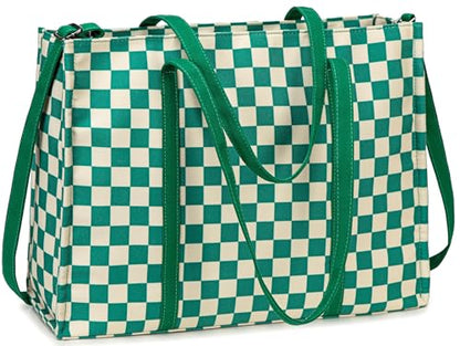 BTOOP Work Tote Bag for Women, Laptop Tote Bag With 15.6 Inch Padded Compartment, Teacher Nurse Bible Bags - color: Green-white Checkered