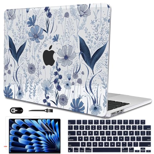 Compatible with MacBook Air 13 inch Case M5 2026 2025-2022 A3449 M4 A3240 M3 A3113 M2 A2681, Plastic Hard Shell Cover for MacBook Air 13.6 inch M5 Case+Keyboard Skin, Navy Blue Wild Flowers - color: Navy Blue Wild Flowers