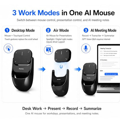 2026 Upgraded AI Voice Mouse - Wireless Air Mouse with AI Voice Assistant, 12 Languages Translation, Meeting Transcription & Summary - Detachable Computer Mouse, Presentation Clicker for Laptop - color: Black