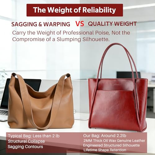 Blofinche Genuine Leather Briefcase for Women, Structured Professional Laptop Work Tote | Water-Resistant, Fit 13.3" Laptop - color: Wine