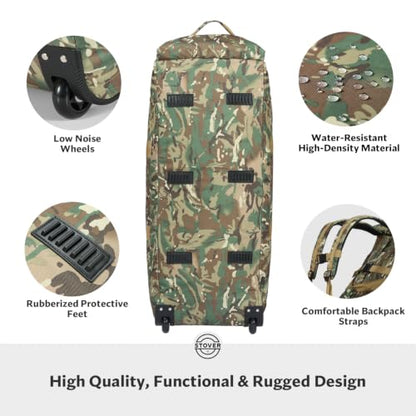 45/80/100L Rolling Duffel Bag with Wheels, X-Large Durable Travel Duffle + Toiletry Bag, Heavy Duty, Packable with Shoulder Straps- Use as Luggage or Backpack (Camouflage) - color: Camouflage