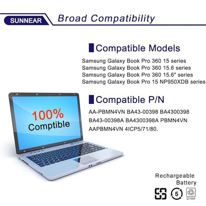 AA-PBMN4VN Laptop Battery Compatible with Samsung Galaxy Book Pro 360 15 15.6” NP950XDB NP950XDB-KA1US NP950XDB-KB1US NP950QDB Series BA43-00398 BA4300398 BA43-00398A 15.44V 68Wh 4405mAh
