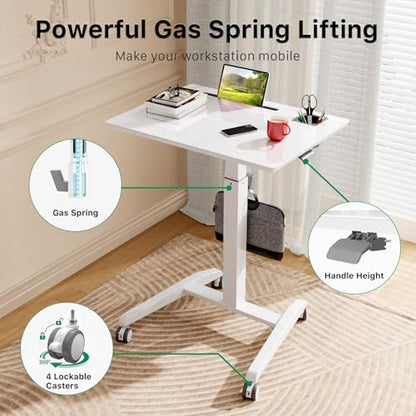 Gibbon Mounts 27" Mobile Rolling Standing Desk with Lockable Wheels, White | Small Laptop Cart Height Adjustable with Cup Holder, Slot, Hook, Portable Pneumatic Teacher Rising Workstation for Classroom - color: White