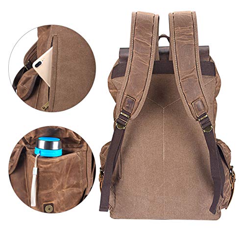 WUDON Leather Backpack for Men, Waxed Canvas Shoulder Rucksack Carry-On Travel Backpack - color: Coffee-oversize