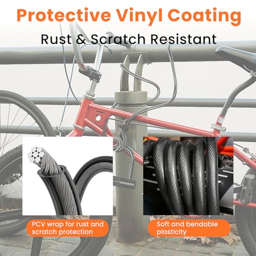 Security Cable with Loops, 12MM Heavy Duty Lock Cable, 4FT 7FT 10FT 15FT 25FT 30FT Vinyl Coated Rust-Proof Flexible Steel Bicycle Security Cable for Motorcycle, Furniture, Gates (Black, 25FT) - size: 25FT