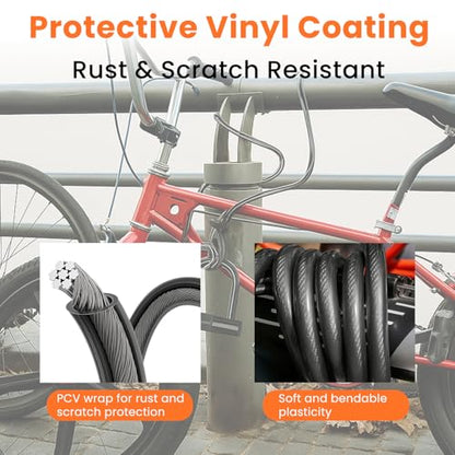 Security Cable with Loops, 12MM Heavy Duty Lock Cable, 4FT 7FT 10FT 15FT 25FT 30FT Vinyl Coated Rust-Proof Flexible Steel Bicycle Security Cable for Motorcycle, Furniture, Gates (Black, 15FT) - size: 15FT