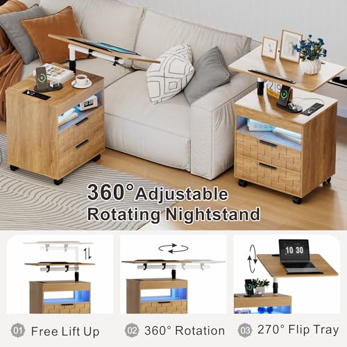 Lareth Rolling Nightstand with Wheels, LED Lights, Charging Station | Height Adjustable, Bedside Table 2 Drawers, Smart Wooden End Table Dorm Side Table Laptop Workstaion, Bedroom, Natural - color: A Natural