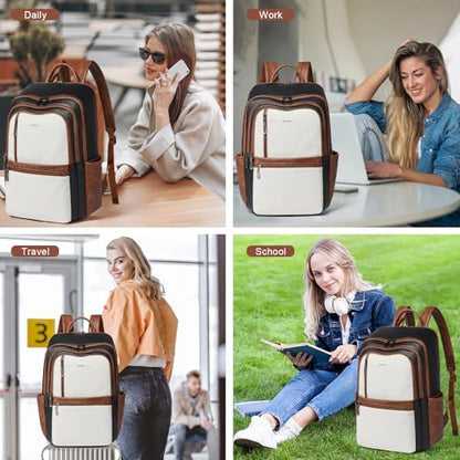 Leather 17 inch Laptop Backpack for Women, Large Travel Backpack Purse for Casual Daypack College Work Bag - color: Black With Brown and White