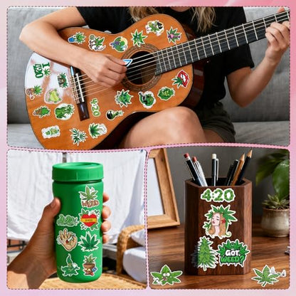 Weed Plant Stickers for Adults - 100 Pcs Green Leaves Trippy Water Bottle Stickers, 420 Waterproof Vinyl Scrapbook Decals for Laptop Journaling - style: Weed Plant