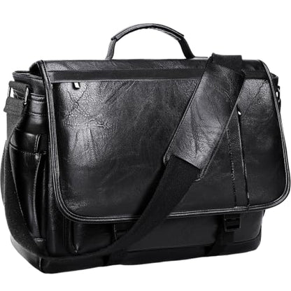 Messenger Bag for Men: Laptop Bag PU Leather Work Briefcase Large Carry On Computer for Office College Travel - color: Pu Black