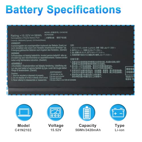 56Wh C41N2102 C41N2102-1 Battery Replacement for Asus ROG Flow Z13 GZ301 (2023) GZ301VV GZ301VU GZ301VF GZ301VV-MU013X GZ301VU-MU009X GZ301VF-MU010X NR2201 Series 0B200-04100000 - size: 10.23*3.34*0.28inch C41N2102