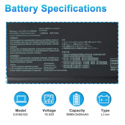 56Wh C41N2102 C41N2102-1 Battery Replacement for Asus ROG Flow Z13 GZ301 (2023) GZ301VV GZ301VU GZ301VF GZ301VV-MU013X GZ301VU-MU009X GZ301VF-MU010X NR2201 Series 0B200-04100000 - size: 10.23*3.34*0.28inch C41N2102