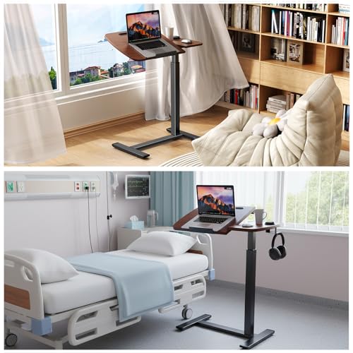 Overbed Table with Wheels, Pneumatic Height and Tilting Desktop | Top Tilts 0-60° with Anti-Slip Stops, Hook, Capacity 66 lbs, 1.18 in Low-Profile Base Slides Easily Under Beds and Sofa - color: Brown