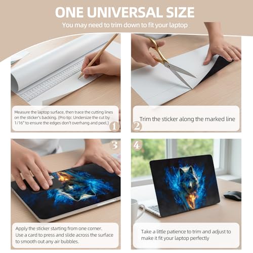 Universal Laptop Skin Sticker for 12/13/14/15.6 Inch Laptops, Reusable Vinyl Laptop Decal Cover, Waterproof Scratch Resistant Notebook Skin with 2 Wrist Pads,Blue Fire Wolf - color: Blue Fire Wolf