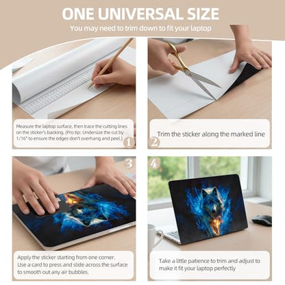Universal Laptop Skin Sticker for 12/13/14/15.6 Inch Laptops, Reusable Vinyl Laptop Decal Cover, Waterproof Scratch Resistant Notebook Skin with 2 Wrist Pads,Blue Fire Wolf - color: Blue Fire Wolf
