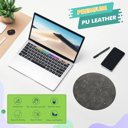 Mouse Pad，Round Mouse Pad，PU Mouse Pad，Leather Mouse Pad with Stitched Edge Micro-Fiber Base with Non-Slip Waterproof，Mouse Pad for Computers，Laptop，9 x 9 Inch (Gray) - color: Gray, size: 9L x 9W inches