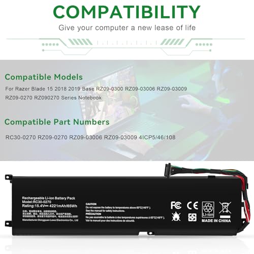 RC30-0270 Battery Replacement for Razer Blade 15 Base 2018 2019 GTX 1660 Ti Base RZ09-0270 RZ090270 RZ09-0300 RZ09-03006 RZ09-03009 Series Notebook RZ09-03006E92 RZ09-02705E76 RZ09-02705E75 - size: RC30-0270 12.17 3.46 1.02in
