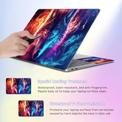 Universal Laptop Skin Sticker Decal, Compatible with MacBook HP Dell Lenovo 12"-15.6", Reusable Vinyl Notebook Cover 3PCS Set, High-Recognition Film-Wolf in Blue Orange Fire - color: Wolf in Blue Orange Fire