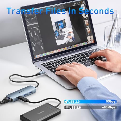BENFEI USB C HUB 6-in-1 with HDMI(4K@60Hz), Gigabit Ethernet, 100W Power Delivery, 3*USB 3.0, Silicone Cable, Aluminum Case Compatible with iPhone 15 Pro/Max, MacBook, iPad Pro, iMac, S23, XPS17 - style: 3A(6in1)