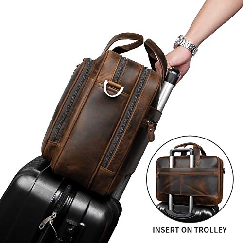 Leather Briefcase for Men 16" Laptop Shoulder Bag with Luggage Strap | 100% full-grain leather, YKK zip, fits 15.6-17" laptop, shoulder strap, 17x6.5x12", 4.2lb