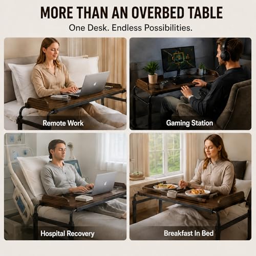 Over Bed Table with Wheels, Width & Height Adjustable, Rolling Over the Bed Desk with Cup Holder & Raised Baffle, Mobile Laptop Desk for King Queen Size Beds, Home Office, Bedroom Hospital Workstation