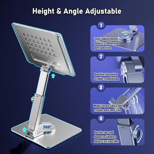 iPad Stand, Height Adjustable with 360 Rotating Base Holder for Desk | Tablet Stand Aluminum Alloy Compatible with i Pad Pro 12.9 11 Air Mini 4 5, 4.7-14'' iPhone, iPad, Tablet and More